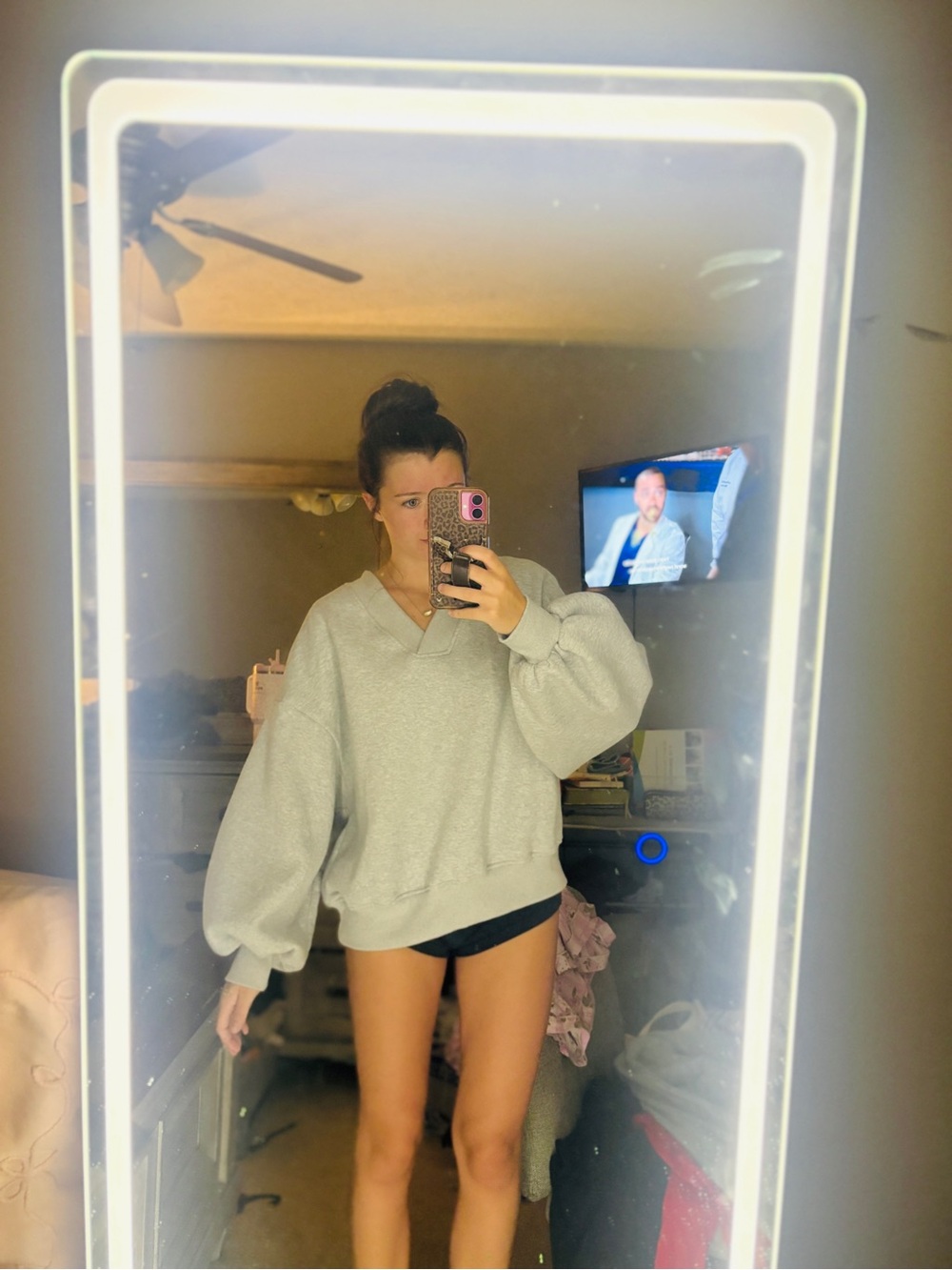 Altar'd State Light Gray V-Neck Balloon Sleeve Sweatshirt